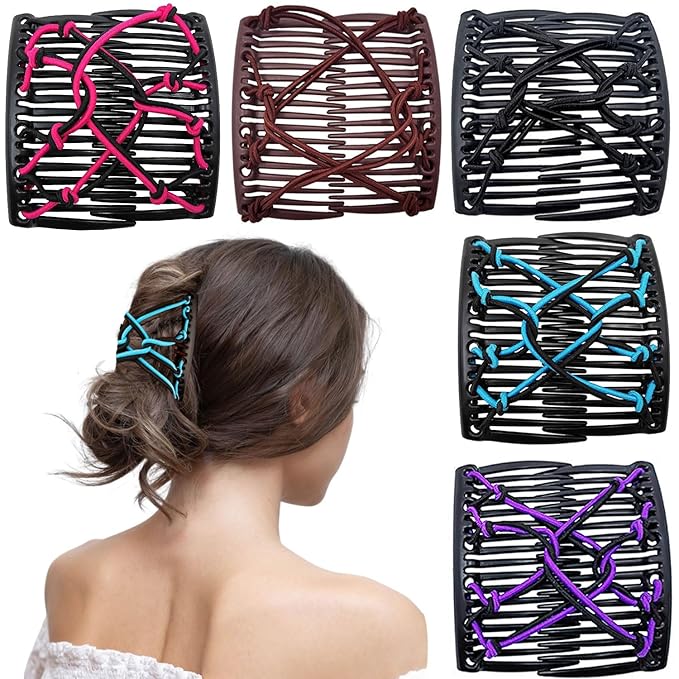 5 Pieces Magic Hair Comb Stretchy Double Comb Elastic Adjustable Hair Clips for Women Girls Vintage Hairstyle Multipurpose Hair Accessories (Black, Brown, Purple, Pink, Blue)