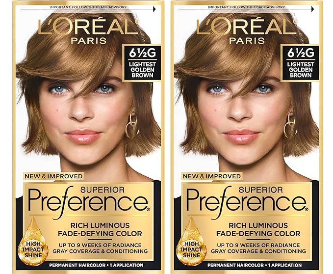 L'Oreal Paris Superior Preference Luminous Fade-Defying Permanent Hair Color, Hair Dye For Up to 9 Weeks of Radiance, Lightest Golden Brown 6.5G, 1 Hair Dye Kit (Pack of 2)