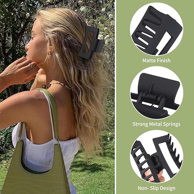 Square Hair Clips 3.5 Inch Medium Claw Clips Rectangle Hair Claw Clips 6 Pack Rubber Paint Jaw Non-Slip Thick Hair Accessories for Women Girls -Black