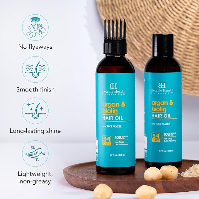 Botanic Hearth Hair Oil for Hair Growth | Strengthening Dry, Frizzy, Damaged Hair & Scalp Treatment | No Parabens or Harmful Sulfates | All Hair Types | Argan & Biotin Hair Oil - 6.7 Fl Oz