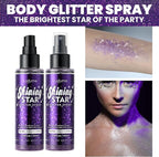 Body Glitter Spray, Glitter Hairspray, Purple Body Glitter Spray, Quick-Drying and Waterproof Glitter Hairspray, Nozzles are not Easily clogged, Long-Lasting Body Shiny for Stage Makeup, 3.38Oz