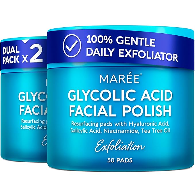 MAREE Glycolic Acid Polishes 2 PACK - Toner Polishes for Face Cleansing - Tea Tree Oil, Salicylic Acid & Vitamins E, B3, B5 - Facial Peel & Radiance Deep Cleaning Effect