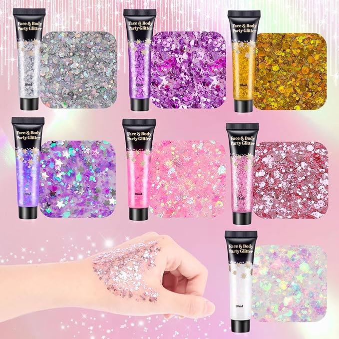 AROIC Kids Unicorn Hair Glitter，14Pcs Body &Face Shimmering Glitter Gel Set，Fairy Costume Sparkle Makeup for Girls，Holographic Sparkle Face Paint for Festivals Princess Birthday Party Gifts (7 Colors)