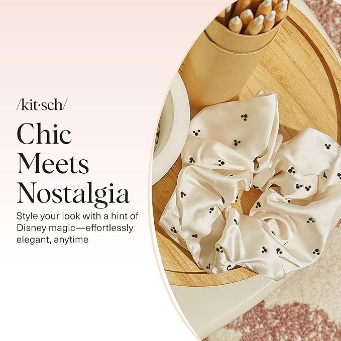 Kitsch & Mickey/Minnie Fabric Rhinestone Scrunchies for Girls and Women, Hair Scrunchies for All Hair Types, Perfect for Updo | Ideal Gifts for Women (Cream) - 1 Piece