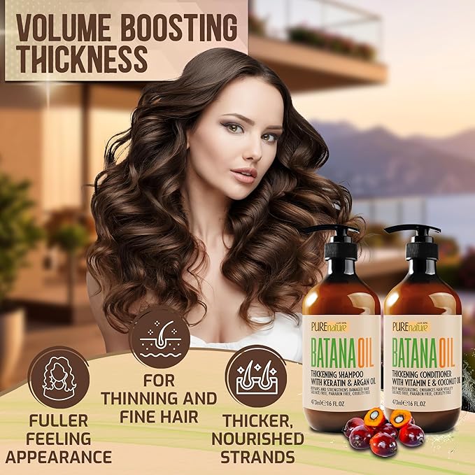Batana Oil Shampoo and Conditioner Set - Thickening, Sulfate Free Formula for Women and Men - Volumizing, Moisturizing, Professional Salon Care Products for Fine, Thinning Hair - 16 Fl Oz (Pack of 2)