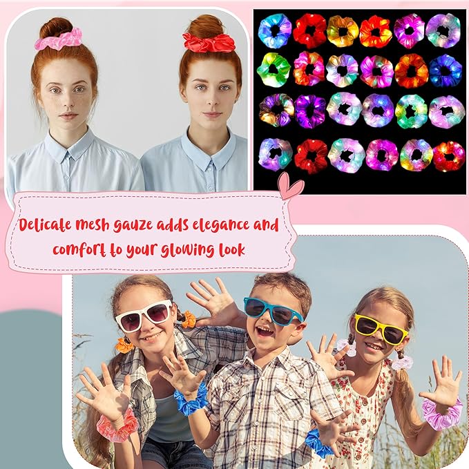 48 Pcs Light up Scrunchies Luminous Hair Scrunchies Neon Colorful Hair Tie for Women Girls Glow in the Dark Christmas Carnival Party Supply