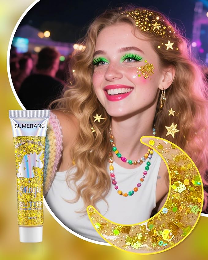 6Colors Face Body Glitter Gel，Holographic Chunky Sequins Body Glitter Paint for Party Singer Concerts Music Festival Rave Accessories for Girls Women Face Body Hair DIY Sparkling Makeup
