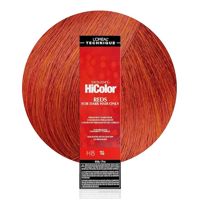 L'OREAL TECHNIQUE HiColor Reds Permanent Hair Color - Lifts Dark Hair in One Step Leaving No Brassiness, Rich & Smooth Creme Formula, Intense & Long-Lasting Color, H8 Red Fire