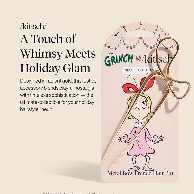 The Grinch x Kitsch Gold French Hair Pin with Bow Design - Durable Metal Hair Pin for Effortless Updos, Half-Up Style | Lightweight & Ideal Stocking Stuffers | Ideal Gifts for Women - 1pc