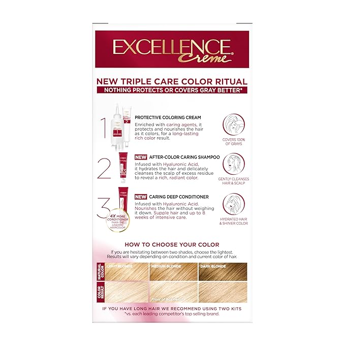 L'Oreal Paris Excellence Crème Permanent Hair Dye, Triple Care Hair Color with Pro-Keratine Complex for 100% Gray Hair Coverage, 10 Lightest Ultimate Blonde, 1 Kit