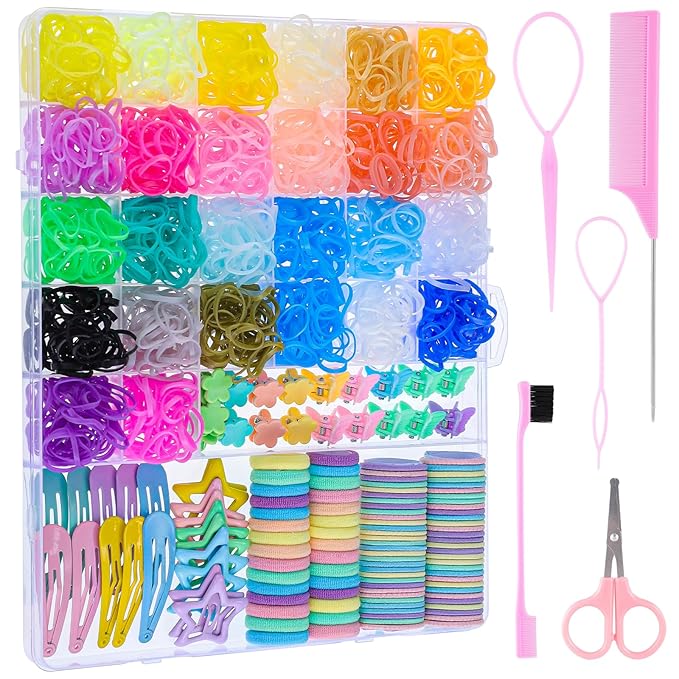 Colorful Rubber Bands Set, 2020Pcs Elastic Hair Ties with 5 Styling Tools 40Pcs Hair Clips Hair Accessories Valentines Day Gifts for Daughter
