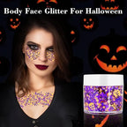 Halloween Face Glitter Gel,Orange Purple Skull Pumpkin Body Glitter Face Paint,Chunky Giltter for Face Body Hair,Kid’s Colorful Shimmering for Party Rave Music Festival Carnival Makeup