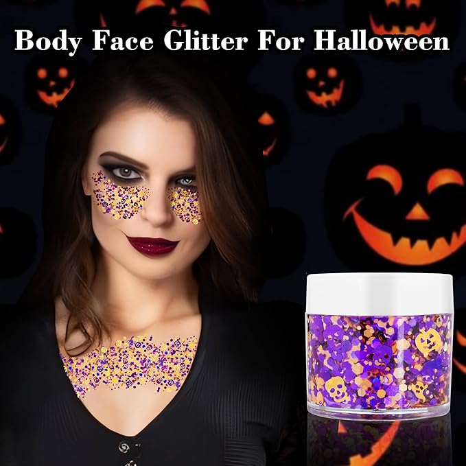 Halloween Face Glitter Gel,Orange Purple Skull Pumpkin Body Glitter Face Paint,Chunky Giltter for Face Body Hair,Kid’s Colorful Shimmering for Party Rave Music Festival Carnival Makeup