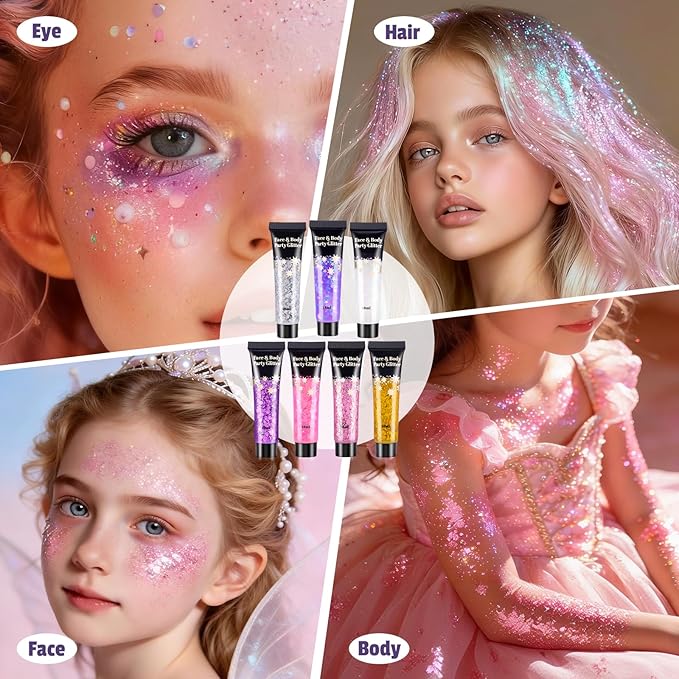 AROIC Kids Unicorn Hair Glitter，14Pcs Body &Face Shimmering Glitter Gel Set，Fairy Costume Sparkle Makeup for Girls，Holographic Sparkle Face Paint for Festivals Princess Birthday Party Gifts (7 Colors)