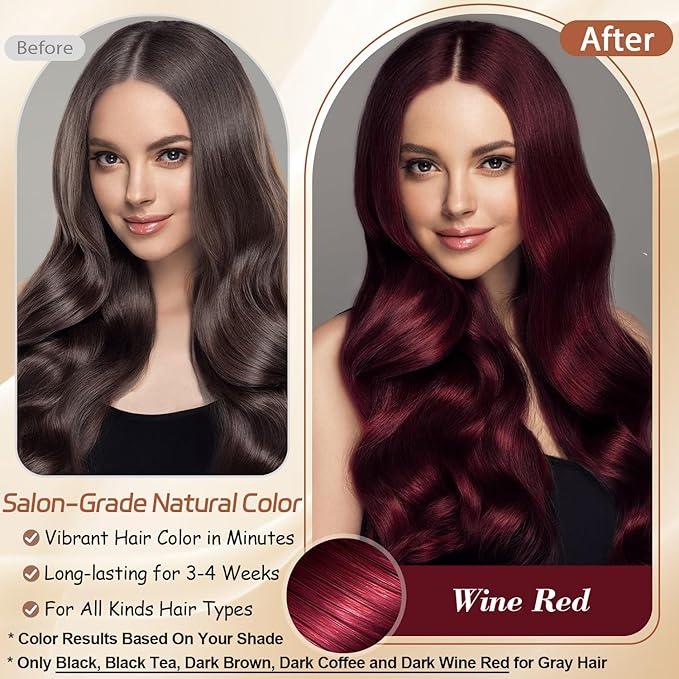 Instant Wine Red Hair Dye Shampoo for Vibrant Hair Color, Natural Herbal Hair Color Shampoo Hair Dye, 3 in 1 Coloring & Care Formula Lasts 3-4 Weeks, Easy & Quick to Use for Women Men, 500ML