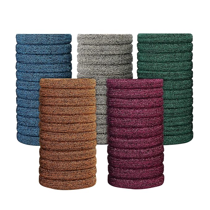 BAOLI 100PCS Seamless Hair Ties, Soft Ponytail Holders, Nylon Thick Hair Ties Bands, Large Hair Elastic Holder No Damage for Heavy Hair, 2 Inch in Diameter, 5 Colors with Gold Thread