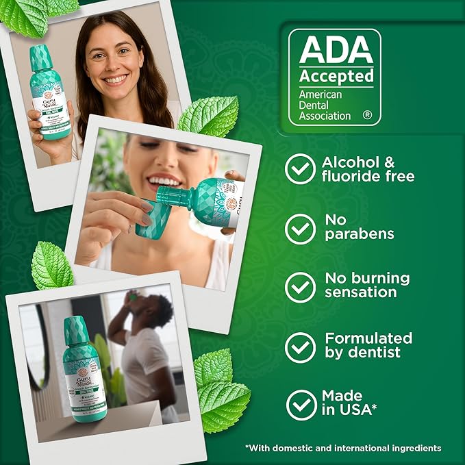 GuruNanda Fresh Breath Mouthwash, ADA-Accepted, Alcohol & Fluoride-Free, Sodium Chlorite, Essential Oils & Vitamins, 12-Hrs Fresh Breath, Wild Mint, 16 oz