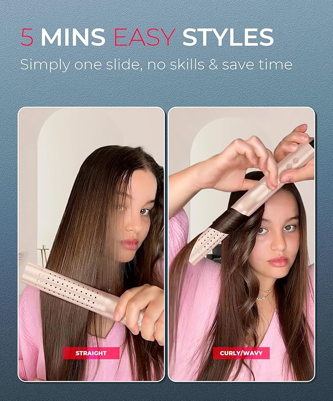 TYMO Airflow 2.0 Curling Iron Flat Iron - Hair Straightener and Curler 2 in 1, 1.25 Inch Curling Wand for Long Short Hair, Dual Voltage for Travel, 54 Million Ionic, Anti-Tangle, 5 Temps, Gold Blush