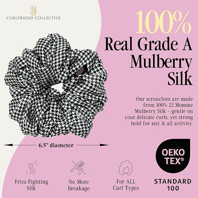 Curlfriend Collective Houndstooth XL Silk Scrunchie – 100% 22 Momme Mulberry Silk Hair Tie for Curly, Coily & Thick Hair – Gentle Hold, Extra Stretch, Stylish & Snag-Free