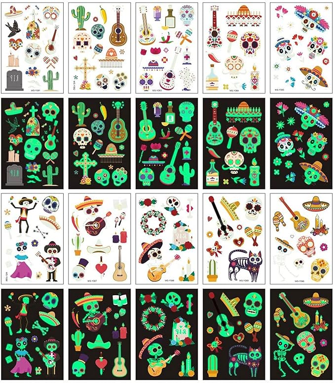 Day of the Dead Luminous Halloween Temporary Tattoo, 125PCS Waterproof Fake Face Tattoos, Body Stickers Decorations Glow in the Dark, Makeup Party Favors Supplies Decor