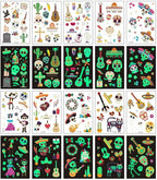 Day of the Dead Luminous Halloween Temporary Tattoo, 125PCS Waterproof Fake Face Tattoos, Body Stickers Decorations Glow in the Dark, Makeup Party Favors Supplies Decor