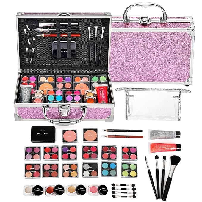 Anpro All-In-One Makeup Kit for Girls 10-12 with Case, Pro Teen Makeup Set, Tween Makeup Kit for Teens Women, Full Starter Make Up Kit with Brushes, Lipstick, Eye Shadows Palette, Blushes, Glitter Gel