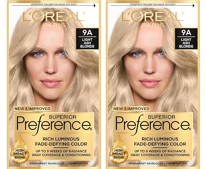 L'Oreal Paris Superior Preference Luminous Fade-Defying Permanent Hair Color, Hair Dye For Up to 9 Weeks of Radiance, Light Ash Blonde 9A, 1 Hair Dye Kit (Pack of 2)