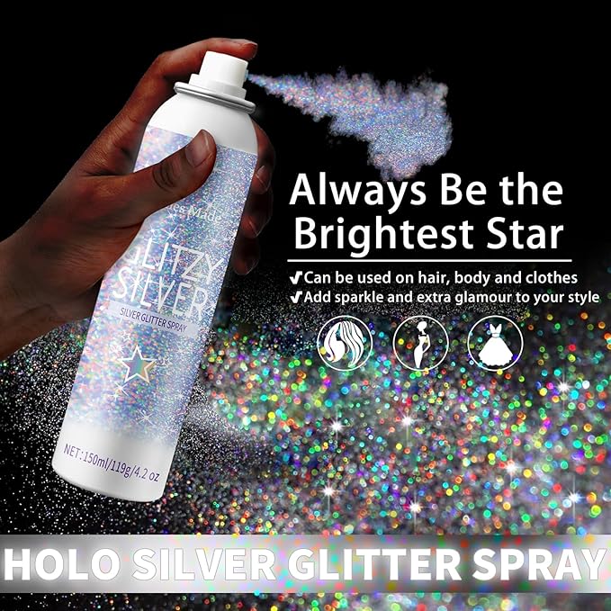 Hair Glitter, 2PCS Body Glitter Spray Glitter Hairspray for Kids Women, Long-Lasting Quick-Drying Holographic Glitter Spray for Hair and 8.4 Fl OZ (Holo Silver+ Holo Silver)