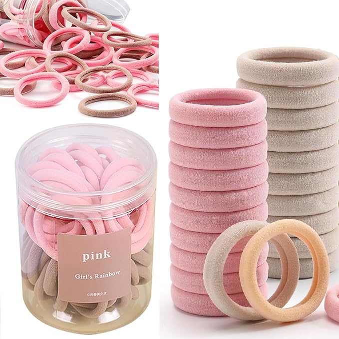 Pink Hair Ties - 100 Pcs Seamless Ponytail Holders - No Damage Thick Hair Bands for Women & Girls