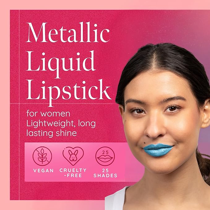 Aromi Bright Blue Metallic Liquid Lipstick | Sparkly, Sky Lip Color with Shimmery Finish, Vegan Makeup, Cruelty-free, Long-lasting (Snow Queen)