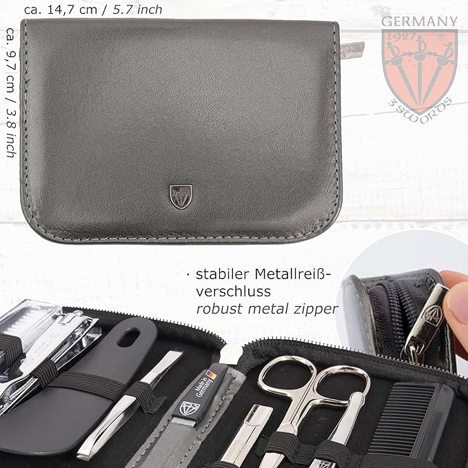 3 Swords Germany - brand quality 10 piece manicure pedicure grooming kit set for professional finger & toe nail care tweezers file clipper fashion leather case in gift box, Made by 3 Swords (01603)
