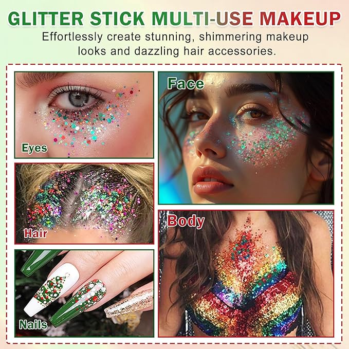 Christmas Body Glitter Stick, Face Body Glitter Gel Holographic Hair Glitter Halloween Chunky Sequin Waterproof Face Paint Stick Glitter Makeup for Women