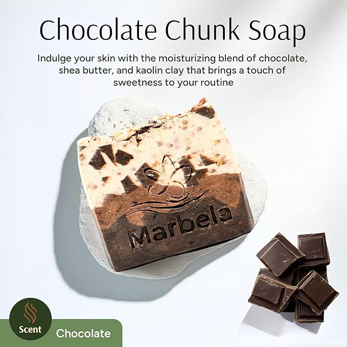Marbela Cosmetics Chocolate Chunk Handmade Soap Bar - Made in USA, Vegan Friendly, Palm Oil Free, Natural Bar Soap - Gentle Face & Body Soap for Daily Skin Care, Moisturizing & Nourishing - 3.5 oz