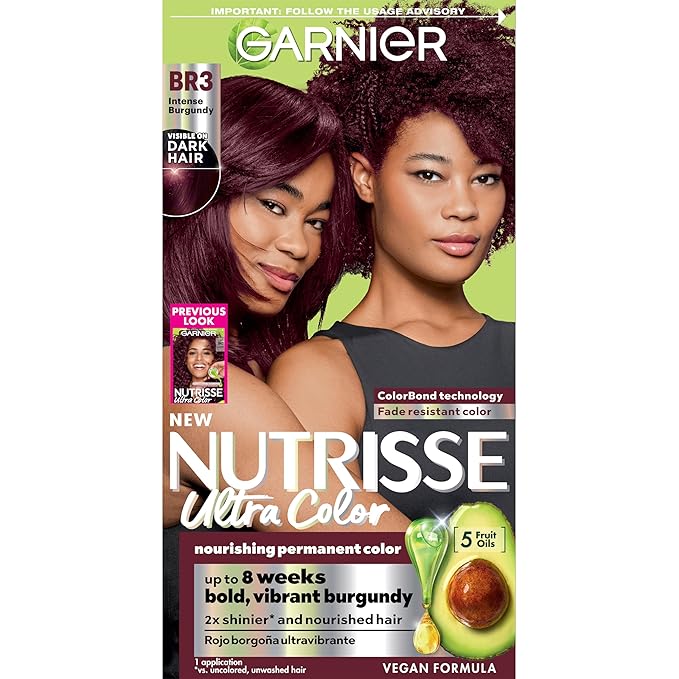 Garnier Hair Color Nutrisse Ultra Color Nourishing Creme, BR3 Intense Burgundy (Lotus Berry) Red Permanent Hair Dye, 1 Count (Packaging May Vary)