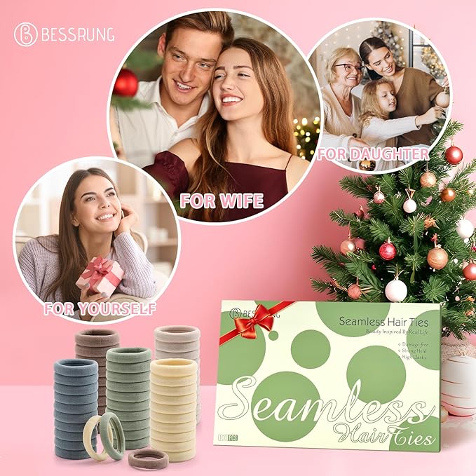 100 Pcs Thick Seamless Hair Ties, Ponytail Holders Hair Accessories No Damage for Thick Hair Christmas Gift(Light Theme Colors)