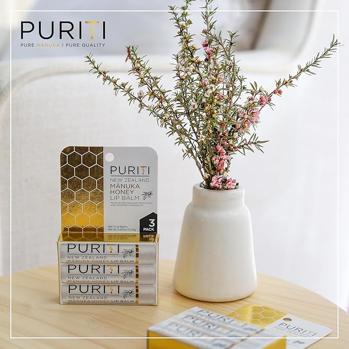 PURITI Manuka Honey Lip Balm – 3pack Soothing & Moisturizing, Enriched with Almond, Jojoba, Macadamia Oils, Cocoa Butter, Hydrating for Dry & Chapped Lips, 100% Genuine New Zealand Manuka Honey