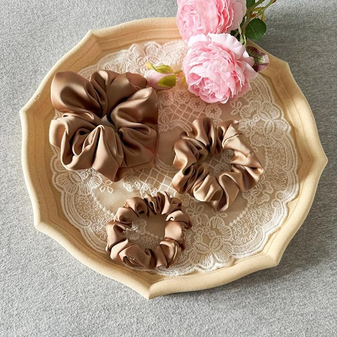 3 Pieces Satin Scrunchies Set for Hair No Crease Elastic Hair Ties for Women and Girls (Light Brown)