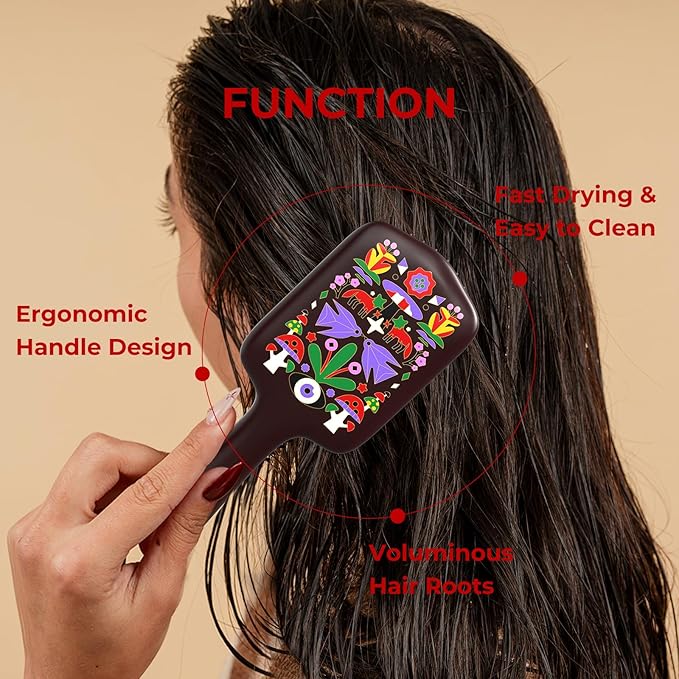 SIMETRA Wooden Paddle Hair Brush Unique Pattern Guinean Ovangkol Hardwood Bristles Hair Brushes for Women Wet Brush Detangling Brush for Scalp Massage for Men Kids for All Hair Types (Fox)