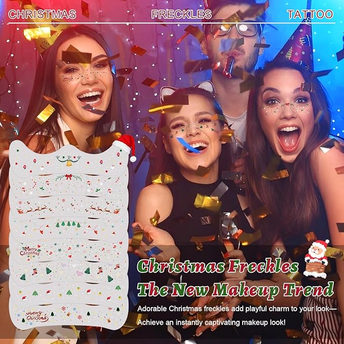 8Pcs Christmas Face Makeup Patches, Glitter Freckles Face Tattoo for Teenagers & Young Women, Sparkle Freckles Waterproof Face Glitter Freckles for Christmas (8PcsI)