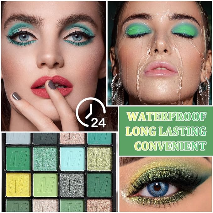Green Eyeshadow Palette Makeup,16 Colors Highly Pigmented Long Lasting Waterproof Glitter Eye Shadow Plattet,Blendable Forest Green Yellow Colorful Matte Eyeshadow Makeup Palette for Women