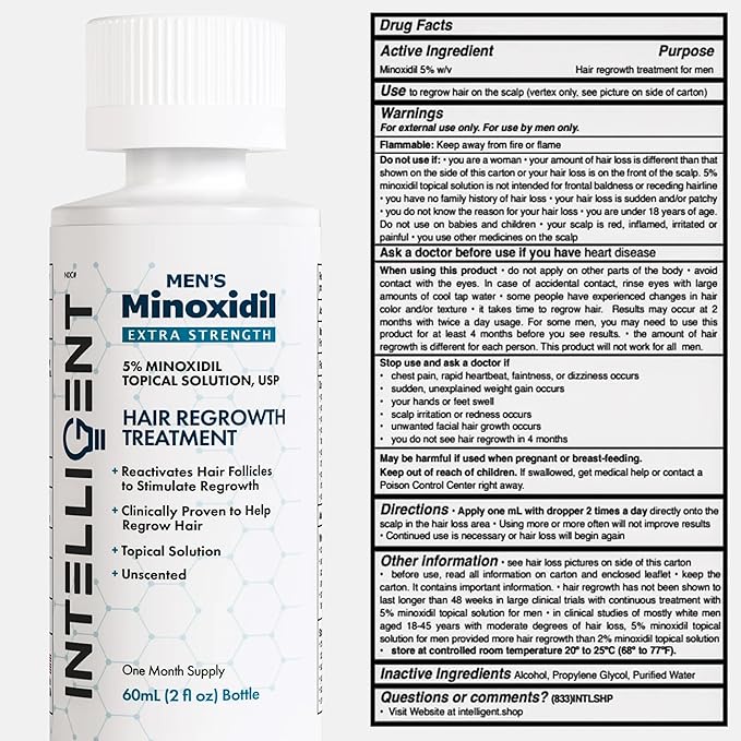 Intelligent Minoxidil | Fast-Drying, No-Grease | Extra Strength 5% Topical Hair Regrowth Treatment For Men | 2 fl oz (60 ml)