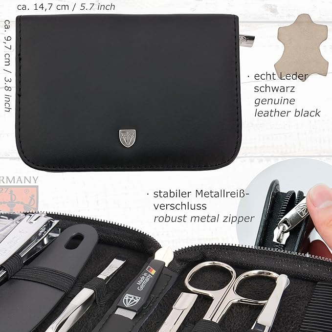 3 Swords Germany – brand quality 10 piece manicure pedicure grooming kit set for nail care tweezers file clipper, Made by 3 Swords (BLACK - GENUINE LEATHER)