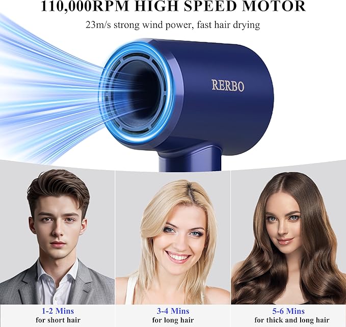 Professional Ionic Hair Dryer with Brushless Motor, High-Speed 110000 RPM Low Noise Temperature Control Portable Negative Ionic Blow Dryer with Concentrator Nozzle for Home, Travel and Salon