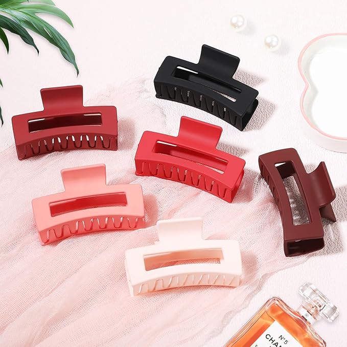 3.5 Inch Medium Hair Claw Clips 6 Pack Hair Clips for Women Square Rectangle Claw for Hair Banana Jaw Clips Hair Accessories for Girls -Red