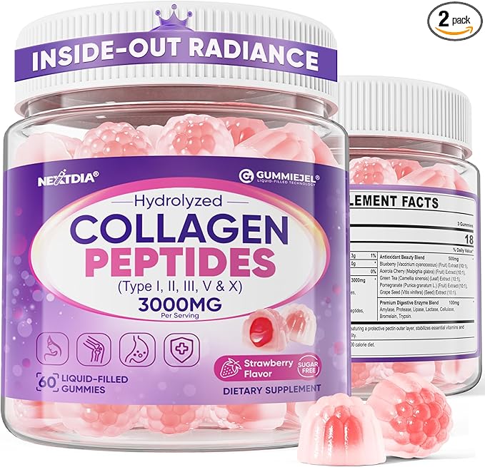 2 Pack Collagen Gummies for Women & Men 3000mg, Hydrolyzed Collagen Peptides with Antioxidant Blend & Digestive Enzymes, Multi Collagen (Type I,II,III,V,X) for Anti-Aging, Hair, Skin, Nails,Sugar Free