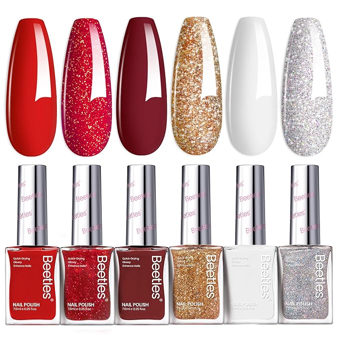 Beetles Red Nail Polish: 6Pcs Glitter Burgundy Red Sparkle Nail Polish Set, Quick Dry & Long Lasting Brilliant Overture White Silver Diy 4th of July Nail Art Design Christmas Gifts for Women
