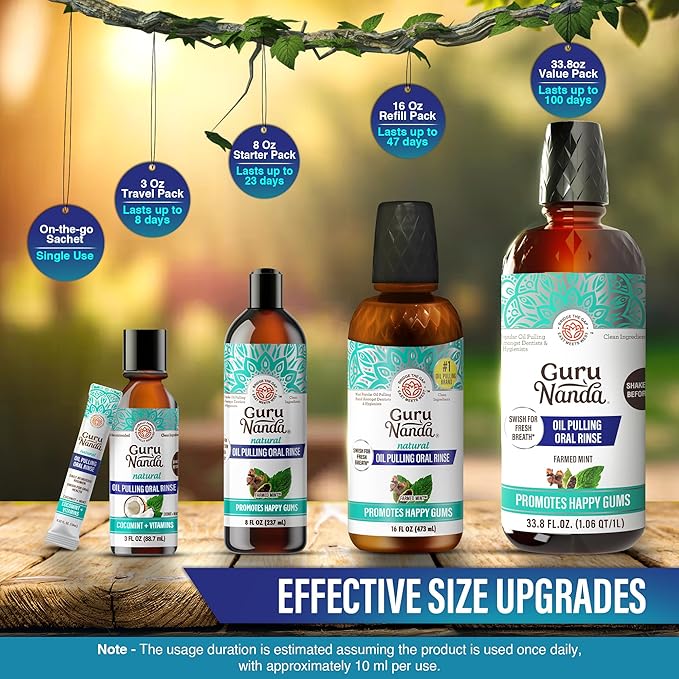 GuruNanda CocoMint Oil Pulling Mouthwash for Complete Oral Hygiene, 7 Essential Oils & Vitamins for Happy Teeth & Gums & Fresh Breath, Alcohol-Free, 33.8 Fl Oz/1L
