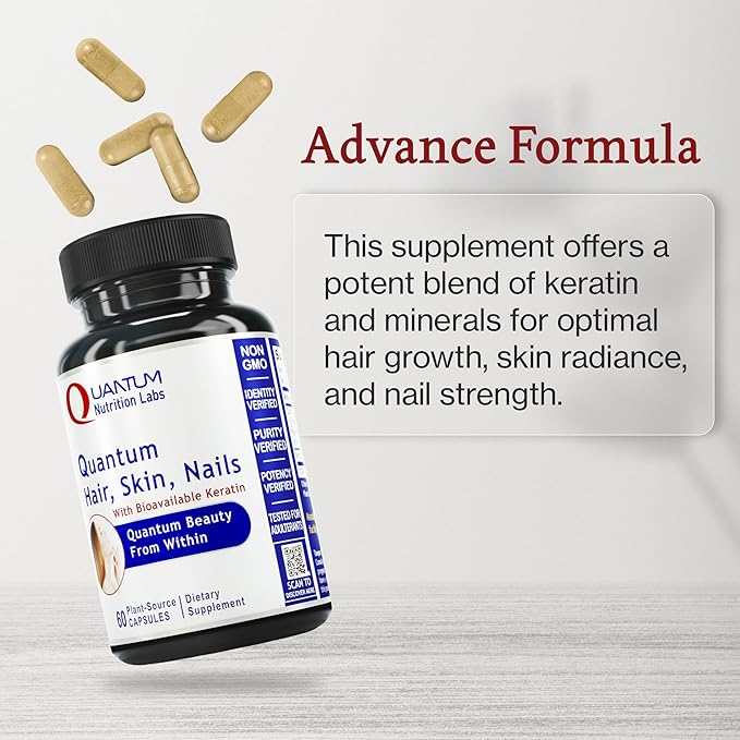 Quantum Nutrition Labs Hair Skin and Nails - Keratin Supplement, Hair Growth Supplement for Women & Men with Magnesium, Calcium, Beauty from Within for Hair, Skin and Nails - 60 Vegetarian Capsules