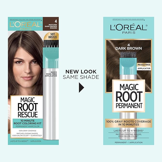 L'Oreal Paris Magic Root Rescue 10 Minute Root Hair Coloring Kit, Permanent Color with Quick Precision Applicator, 100 percent Gray Coverage, 4 Dark Brown, 1 kit (Packaging May Vary)