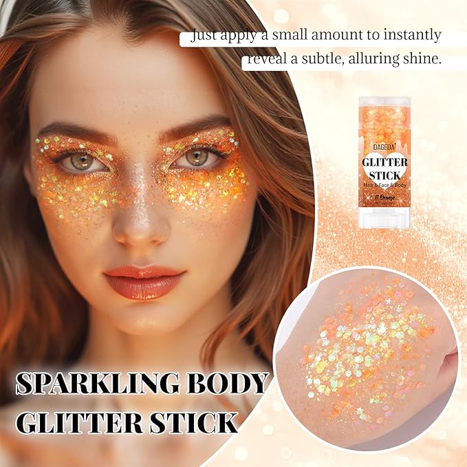 DAGEDA Orange Body Glitter Stick,Sparkly Face Glitter Makeup,Holographic Hair Glitters Mermaid Makeup Rave Outfits for Women, Shimmer Face Paint Stick Singer Concert Accessories